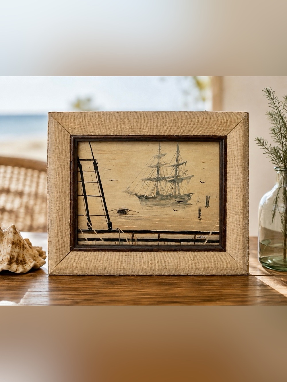 Vintage Nautical Harbor Painting Signed Gregg Framed Wood Panel Coastal Wall Art